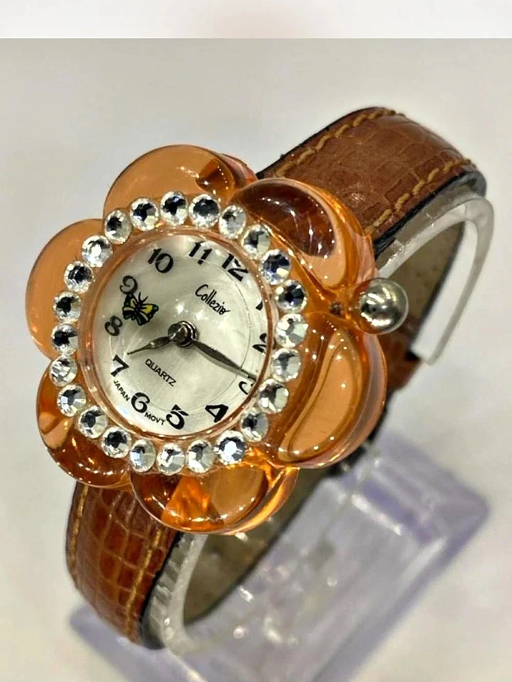 *** Collezio ^^^ Iced Flower Crystal Bezel Watch *** Rotating 🦋 Butterfly ^^^
